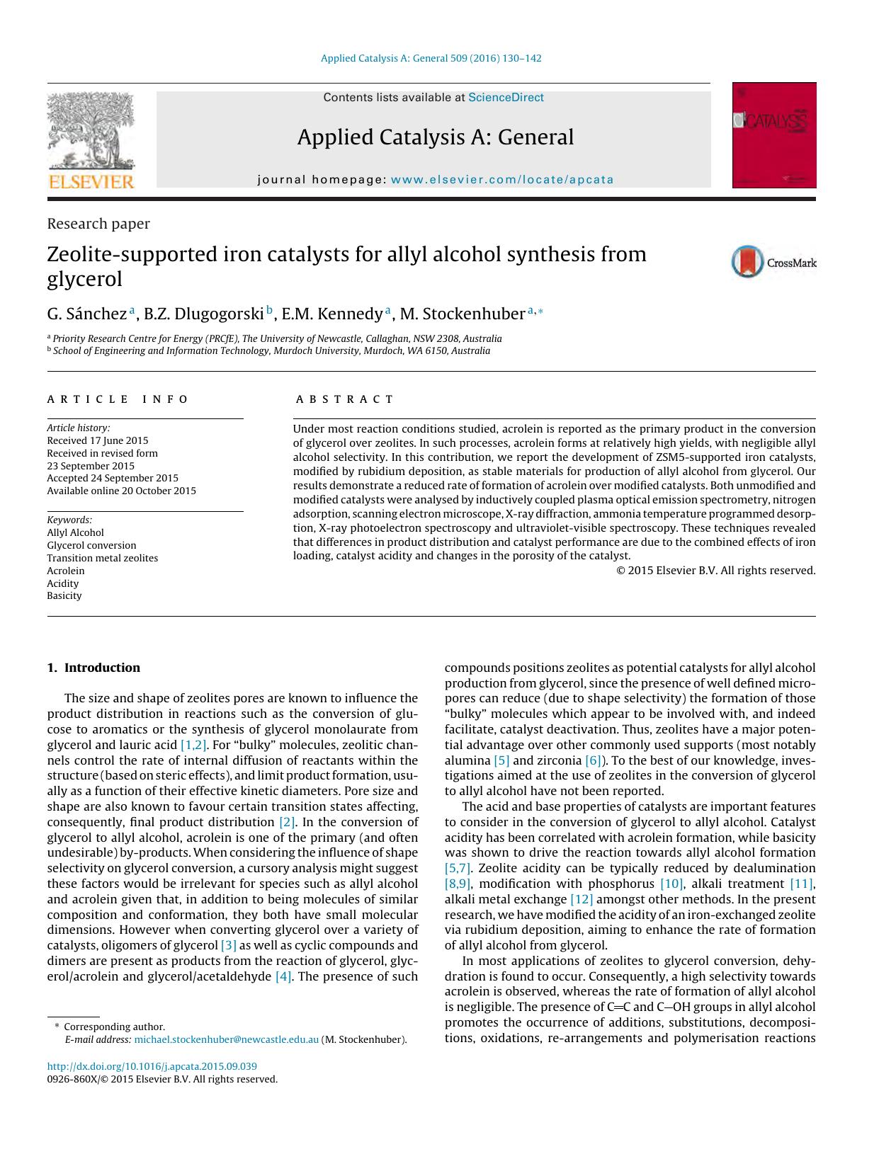 Zeolite-supported iron catalysts for allyl alcohol synthesis from glycerol by G. Sánchez & B.Z. Dlugogorski & E.M. Kennedy & M. Stockenhuber