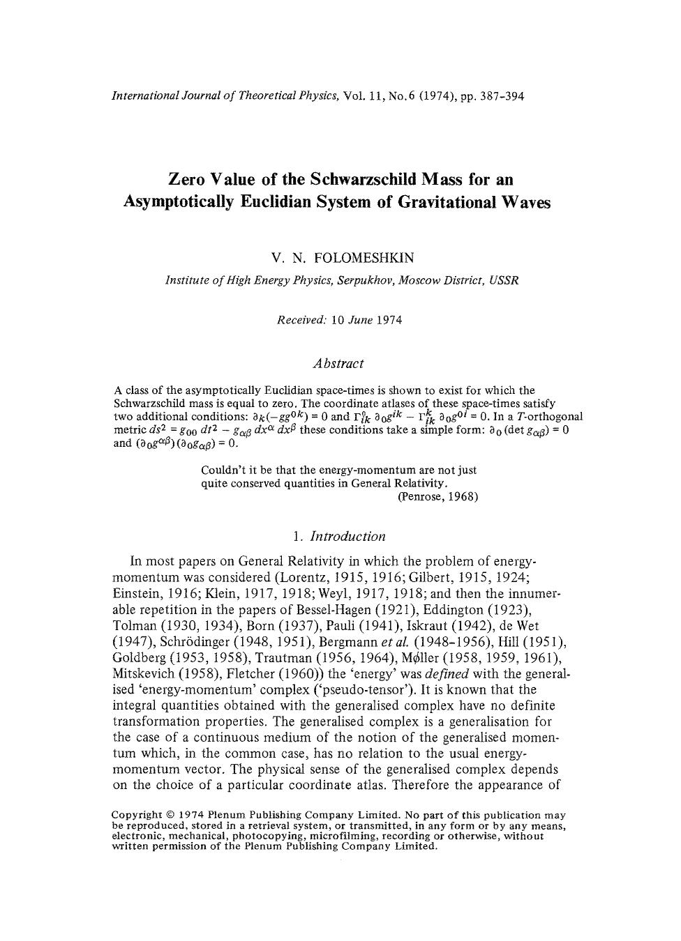 Zero value of the Schwarzschild mass for an asymptotically Euclidian system of gravitational waves by Unknown