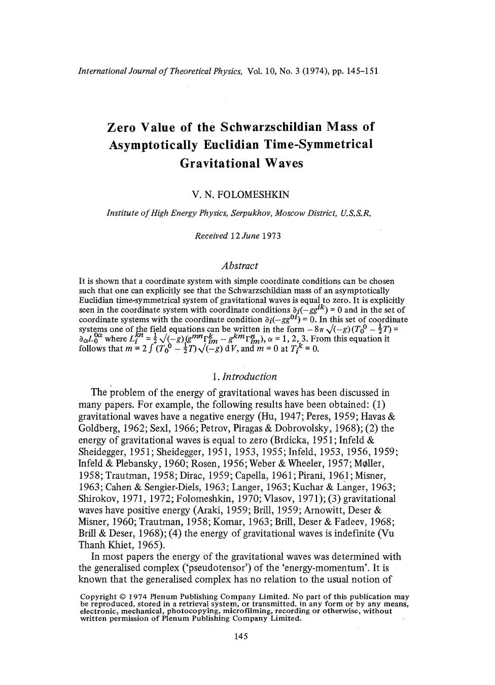 Zero value of the Schwarzschildian mass of asymptotically euclidian time-symmetrical gravitational waves by Unknown