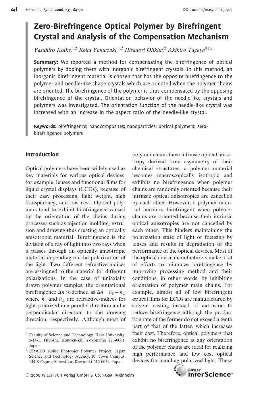 Zero-Birefringence Optical Polymer by Birefringent Crystal and Analysis of the Compensation Mechanism by Unknown