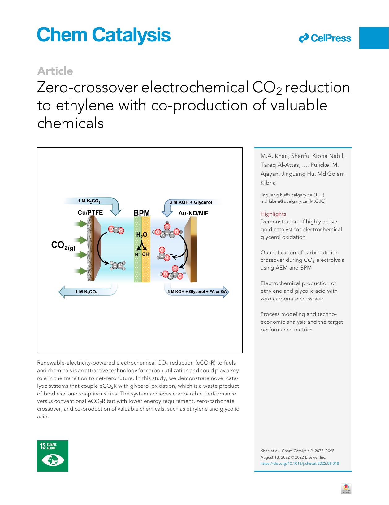 Zero-crossover electrochemical CO2 reduction to ethylene with co-production of valuable chemicals by M.A. Khan