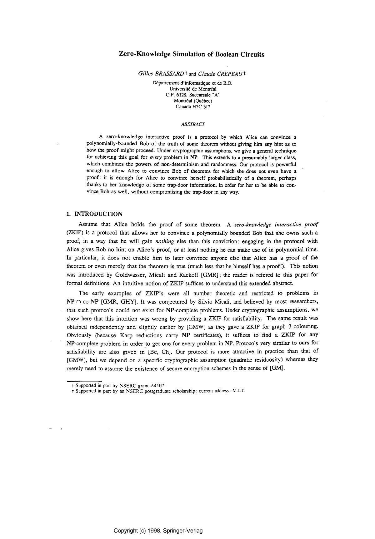 Zero-knowledge simulation of Boolean circuits by Brassard G. & Cr'epeau C