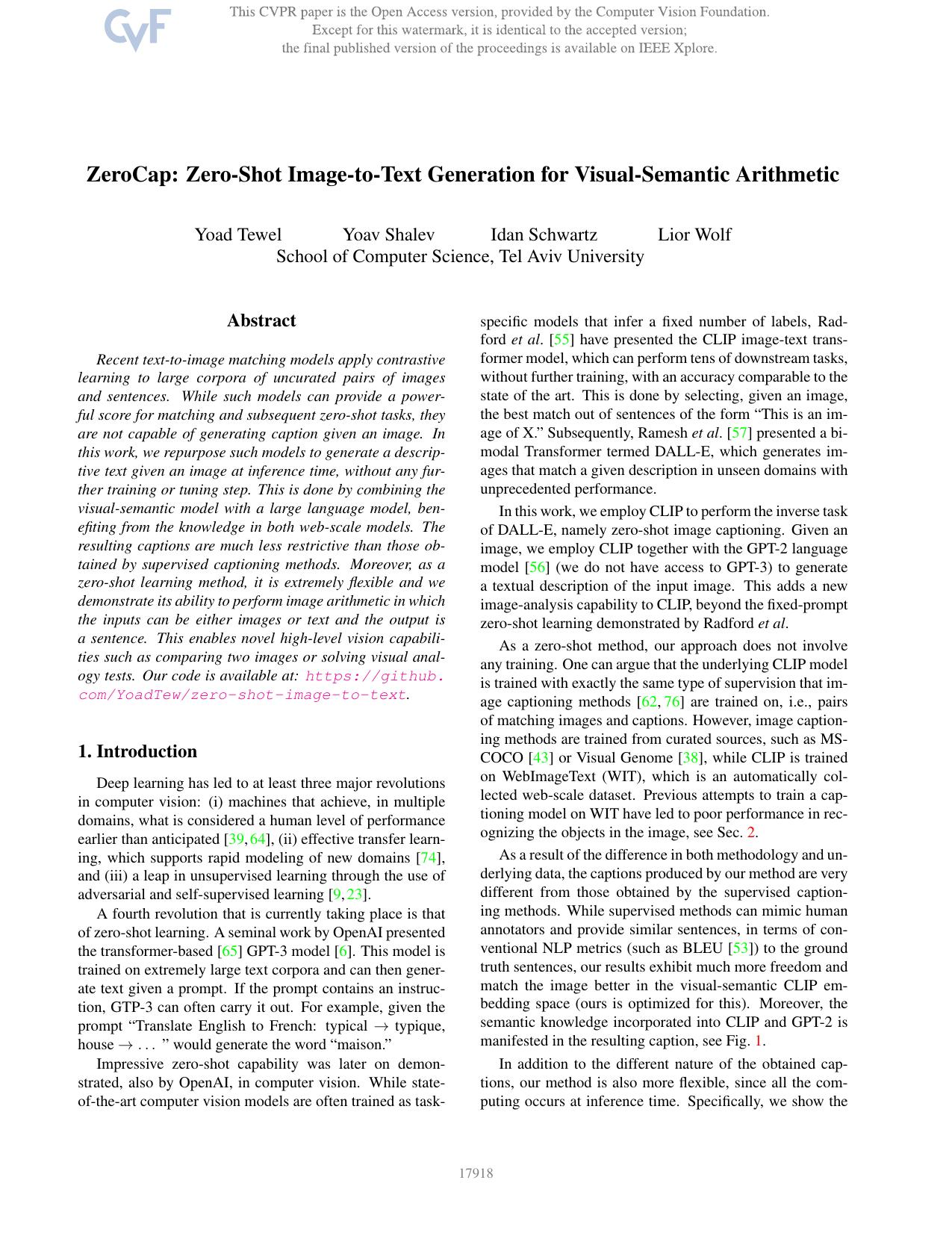 ZeroCap: Zero-Shot Image-to-Text Generation for Visual-Semantic Arithmetic by Yoad Tewel & Yoav Shalev & Idan Schwartz & Lior Wolf