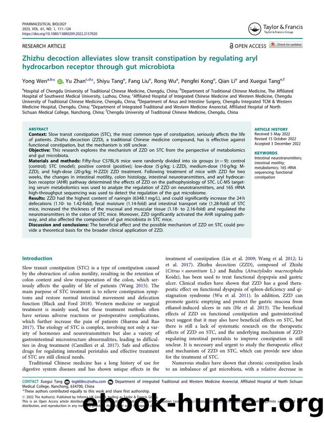 Zhizhu decoction alleviates slow transit constipation by regulating aryl hydrocarbon receptor through gut microbiota by Wen Yong & Zhan Yu & Tang Shiyu & Liu Fang & Wu Rong & Kong Pengfei & Li Qian & Tang Xuegui
