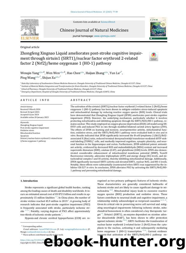 Zhongfeng Xingnao Liquid ameliorates post-stroke cognitive impairment through sirtuin1 (SIRT1)nuclear factor erythroid 2-related factor 2 (Nrf2)heme oxygenase 1 (HO-1) pathway by Yang Wenqin & Wen Wen & Chen Hao & Zhang Haijun & Lu Yun & Wang Ping & Xu Shijun
