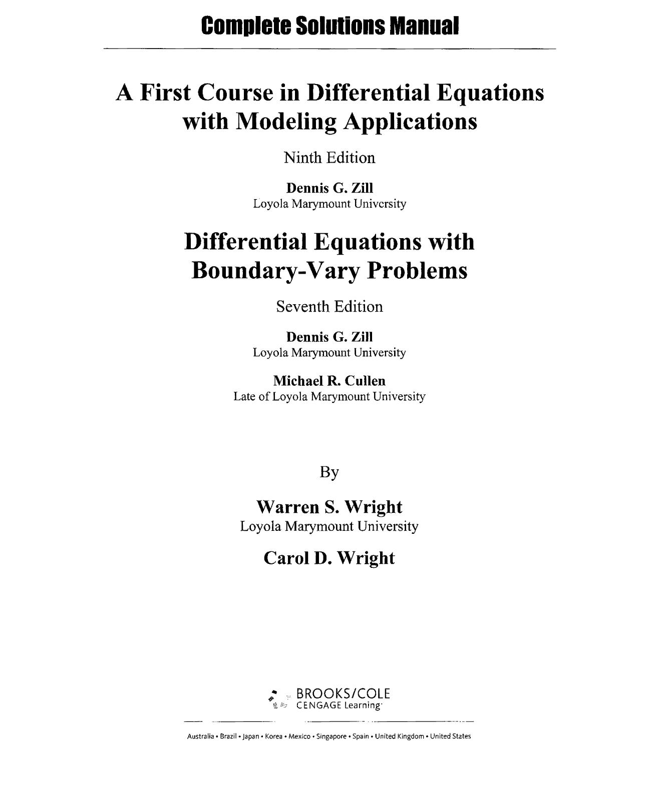 Zill D. G. & Cullen M. R. by Differential equations Solutions Manual (2009)