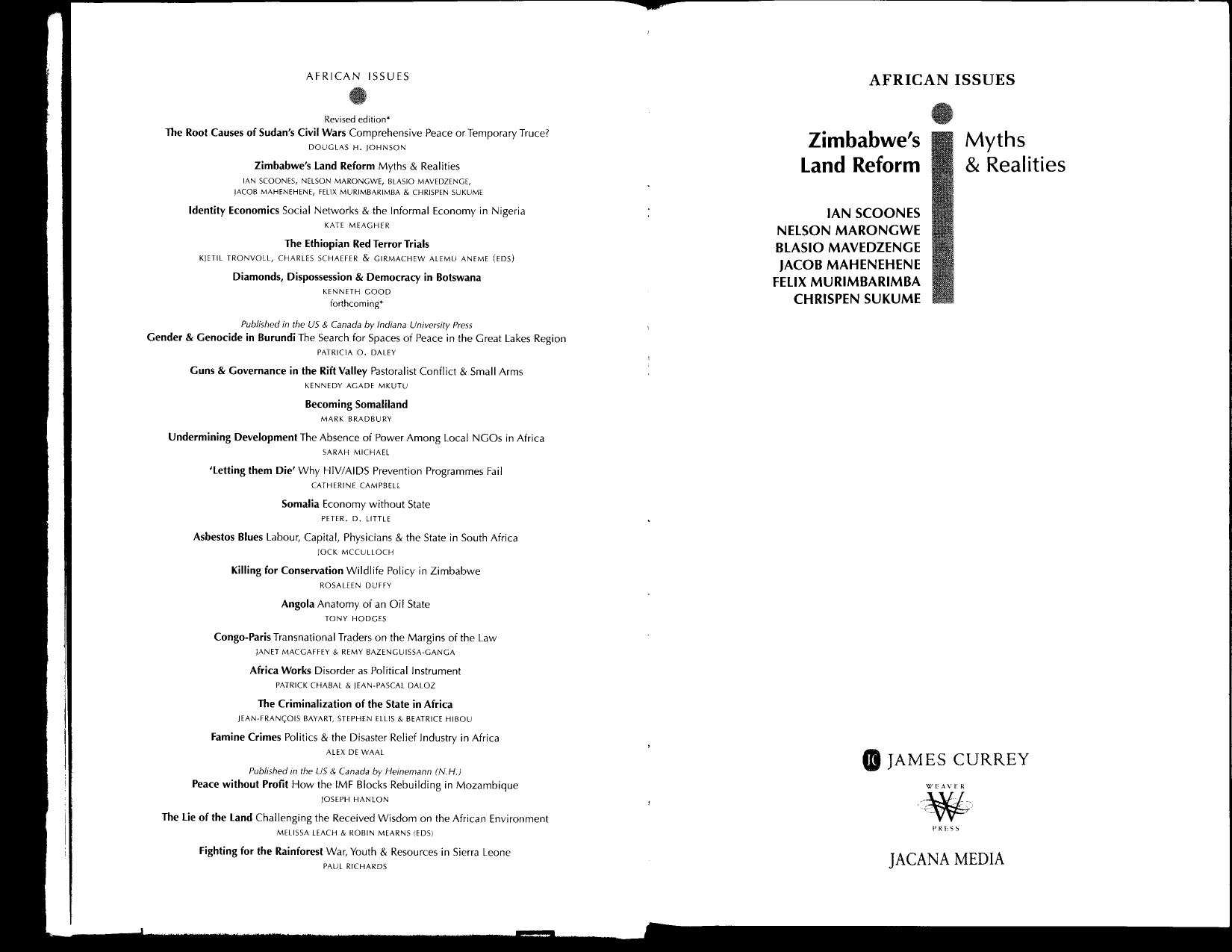 Zimbabwe's Land Reform: Myths and Realities (African Issues) by Ian Scoones et al