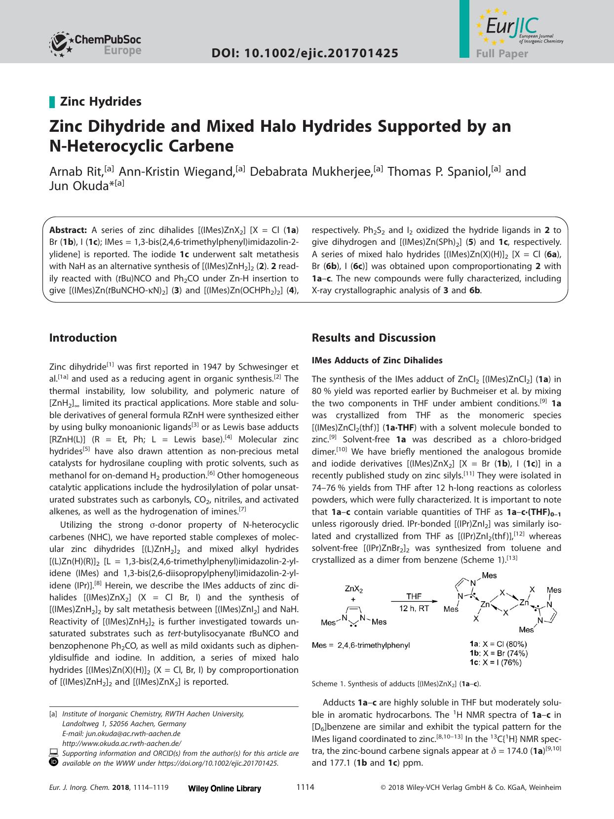 Zinc Dihydride and Mixed Halo Hydrides Supported by an NâHeterocyclic Carbene by Unknown