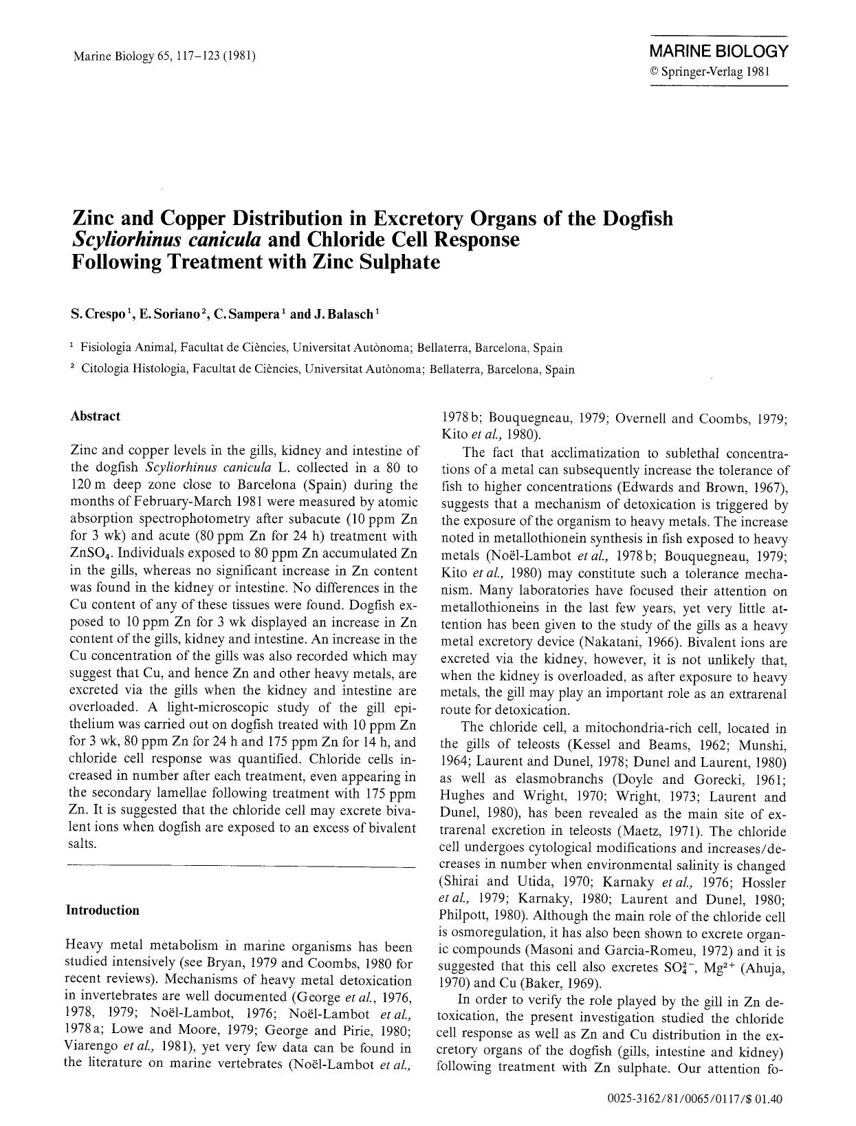 Zinc and copper distribution in excretory organs of the dogfish <Emphasis Type="Italic">Scyliorhinus canicula<Emphasis> and chloride cell response following treatment with zinc sulphate by Unknown