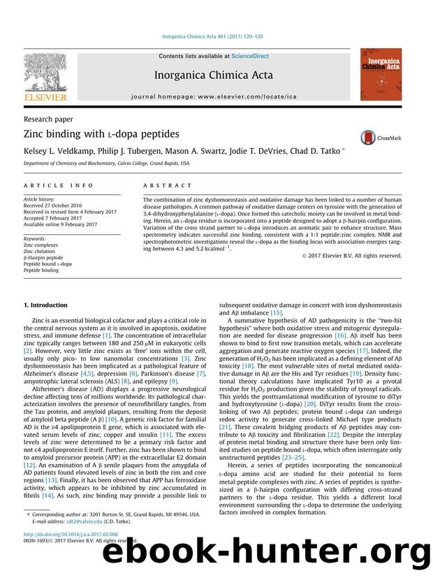 Zinc binding with l-dopa peptides by Kelsey L. Veldkamp & Philip J. Tubergen & Mason A. Swartz & Jodie T. DeVries & Chad D. Tatko