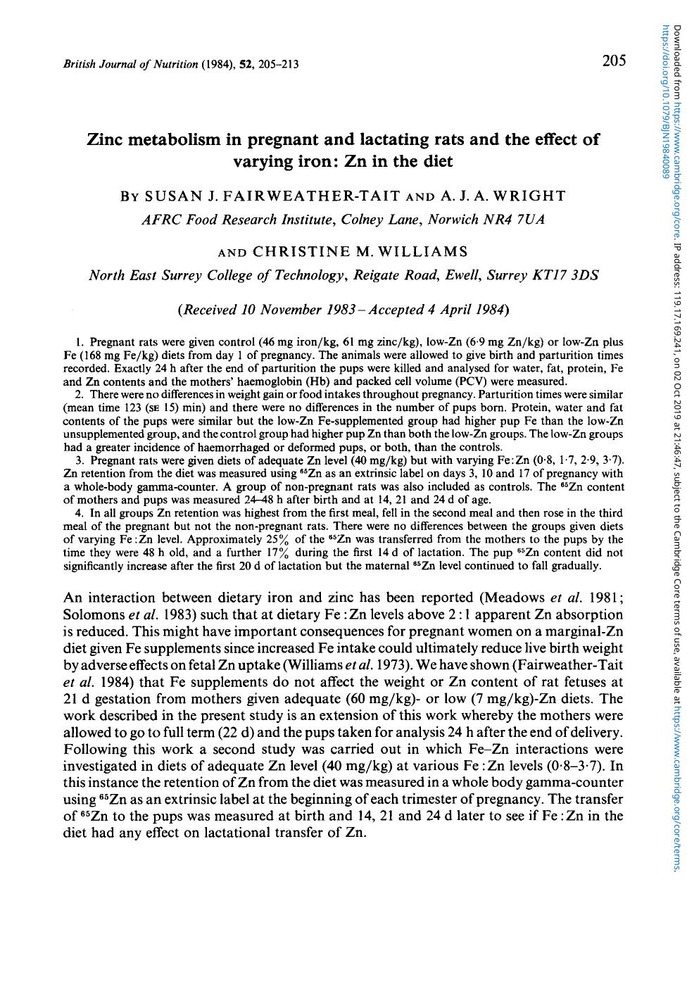 Zinc metabolism in pregnant and lactating rats and the effect of varying iron: Zn in the diet by Susan J. Fairweather-Tait A. J. A. Wright Christine M. Williams