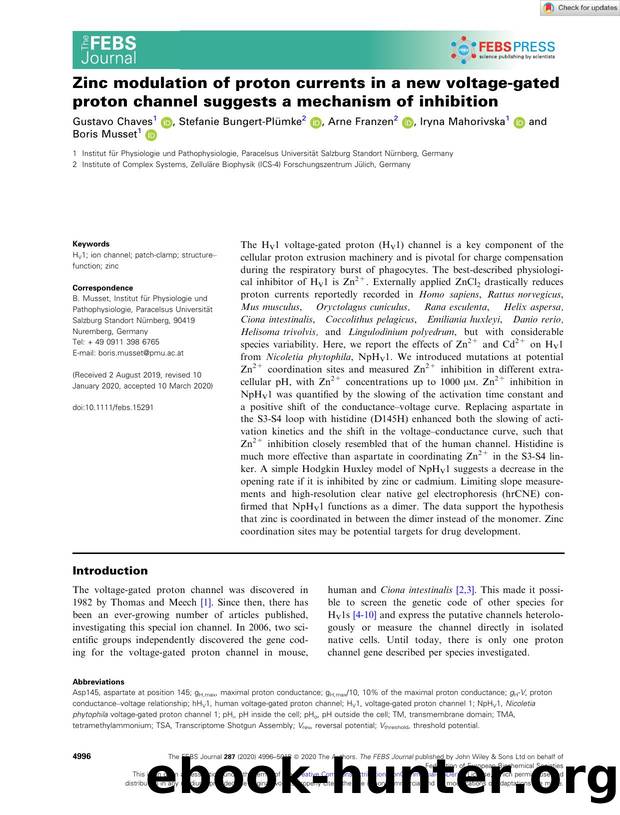 Zinc modulation of proton currents in a new voltageâgated proton channel suggests a mechanism of inhibition by Unknown