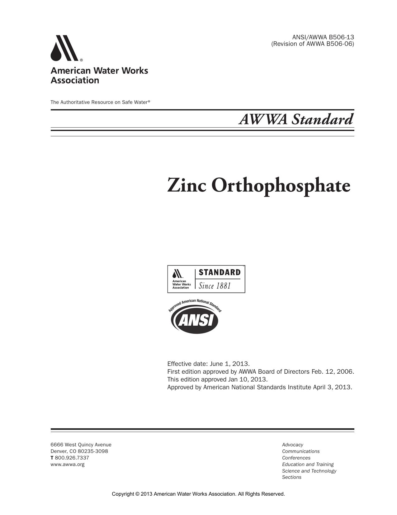 Zinc orthophosphate by American Water Works Association.; American National Standards Institute