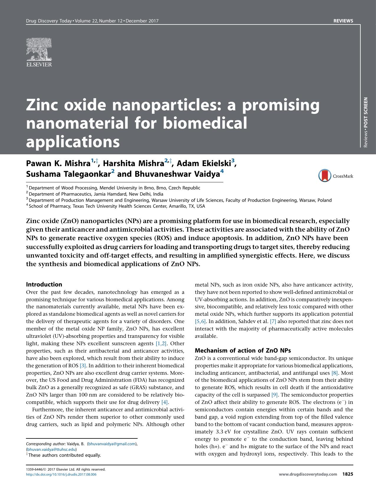 Zinc oxide nanoparticles: a promising nanomaterial for biomedical applications by Pawan K. Mishra & Harshita Mishra & Adam Ekielski & Sushama Talegaonkar & Bhuvaneshwar Vaidya