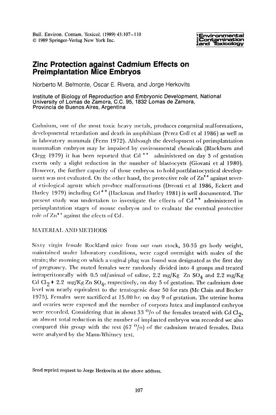 Zinc protection against cadmium effects on preimplantation mice embryos by Unknown
