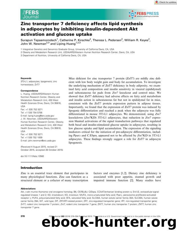 Zinc transporter 7 deficiency affects lipid synthesis in adipocytes by inhibiting insulinâdependent Akt activation and glucose uptake by Unknown