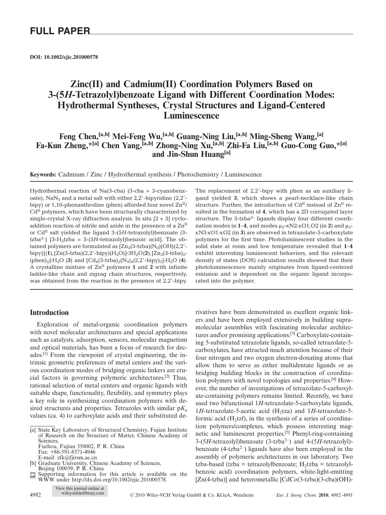 Zinc(II) and Cadmium(II) Coordination Polymers Based on 3(5HTetrazolyl)benzoate Ligand with Different Coordination Modes: Hydrothermal Syntheses, Crystal Structures and LigandCentered Luminescence by Unknown