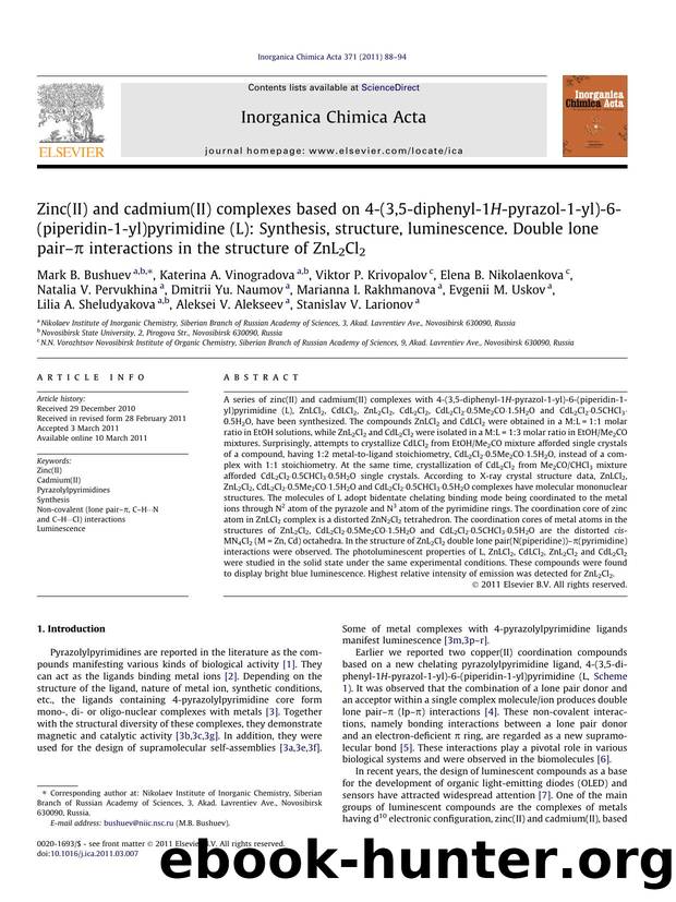 Zinc(II) and cadmium(II) complexes based on 4-(3,5-diphenyl-1H-pyrazol-1-yl)-6-(piperidin-1-yl)pyrimidine (L): Synthesis, structure, luminescence. Double lone pairÃ¢â¬âÃâ¬ int by unknow