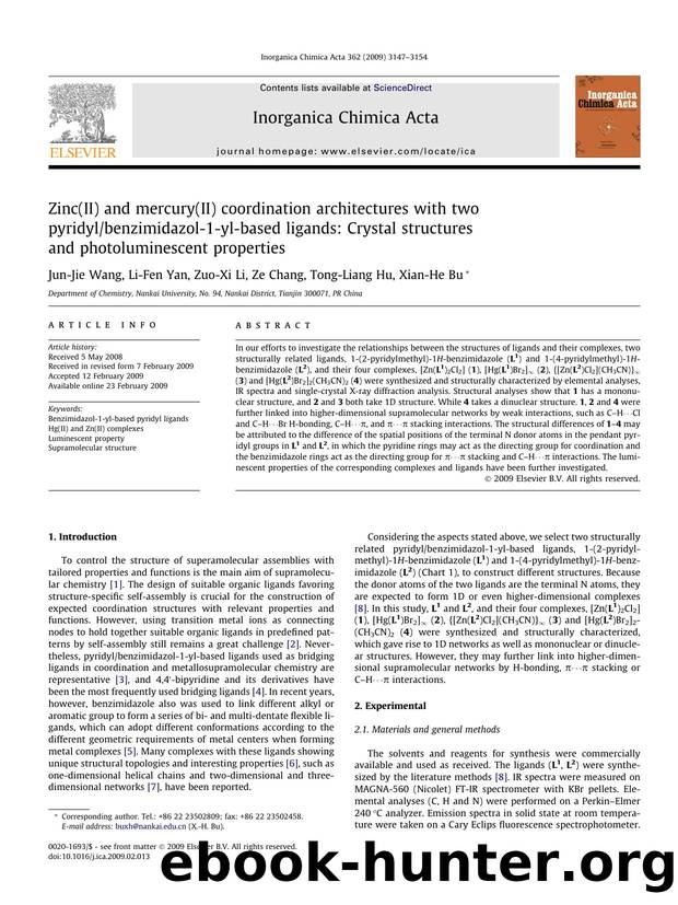 Zinc(II) and mercury(II) coordination architectures with two pyridylbenzimidazol-1-yl-based ligands: Crystal structures and photoluminescent properties by Jun-Jie Wang; Li-Fen Yan; Zuo-Xi Li; Ze Chang; Tong-Liang Hu; Xian-He Bu