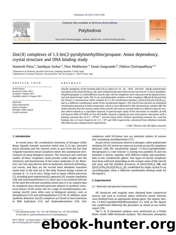Zinc(II) complexes of 1,3-bis(2-pyridylmethylthio)propane: Anion dependency, crystal structure and DNA binding study by Animesh Patra & Sandipan Sarkar & Titas Mukherjee & Ennio Zangrando & Pabitra Chattopadhyay