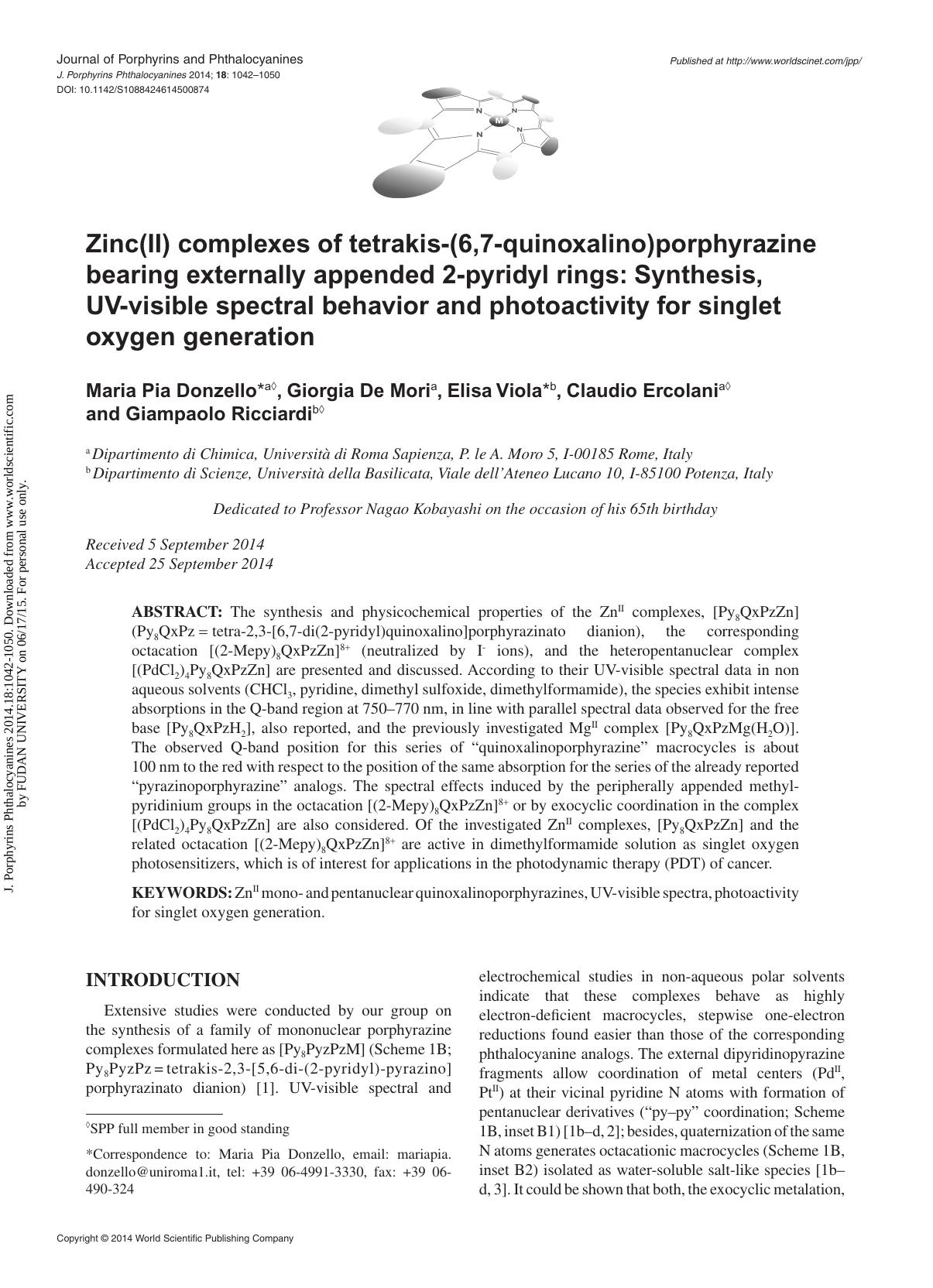 Zinc(II) complexes of tetrakis-(6,7-quinoxalino)porphyrazine bearing externally appended 2-pyridyl rings: Synthesis, UV-visible spectral behavior and photoactivity for singlet oxygen generation by Maria Pia Donzello Giorgia De Mori Elisa Viola Claudio Ercolani & Giampaolo Ricciardi