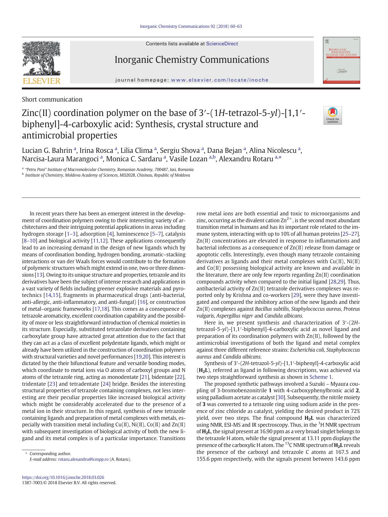 Zinc(II) coordination polymer on the base of 3Ã¢â¢Â²-(1H-tetrazol-5-yl)-[1,1Ã¢â¢Â²-biphenyl]-4-carboxylic acid: Synthesis, crystal structure and antimicrobial properties by unknow