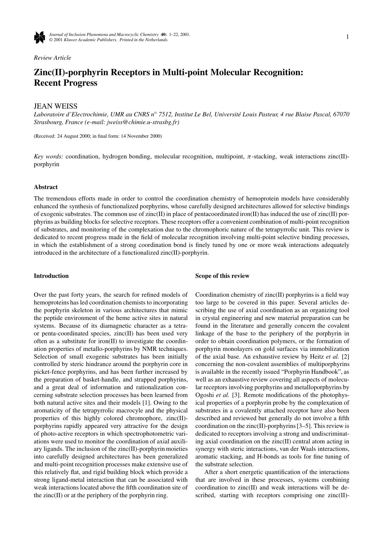 Zinc(II)-porphyrin Receptors in Multi-point Molecular Recognition: Recent Progress by Unknown