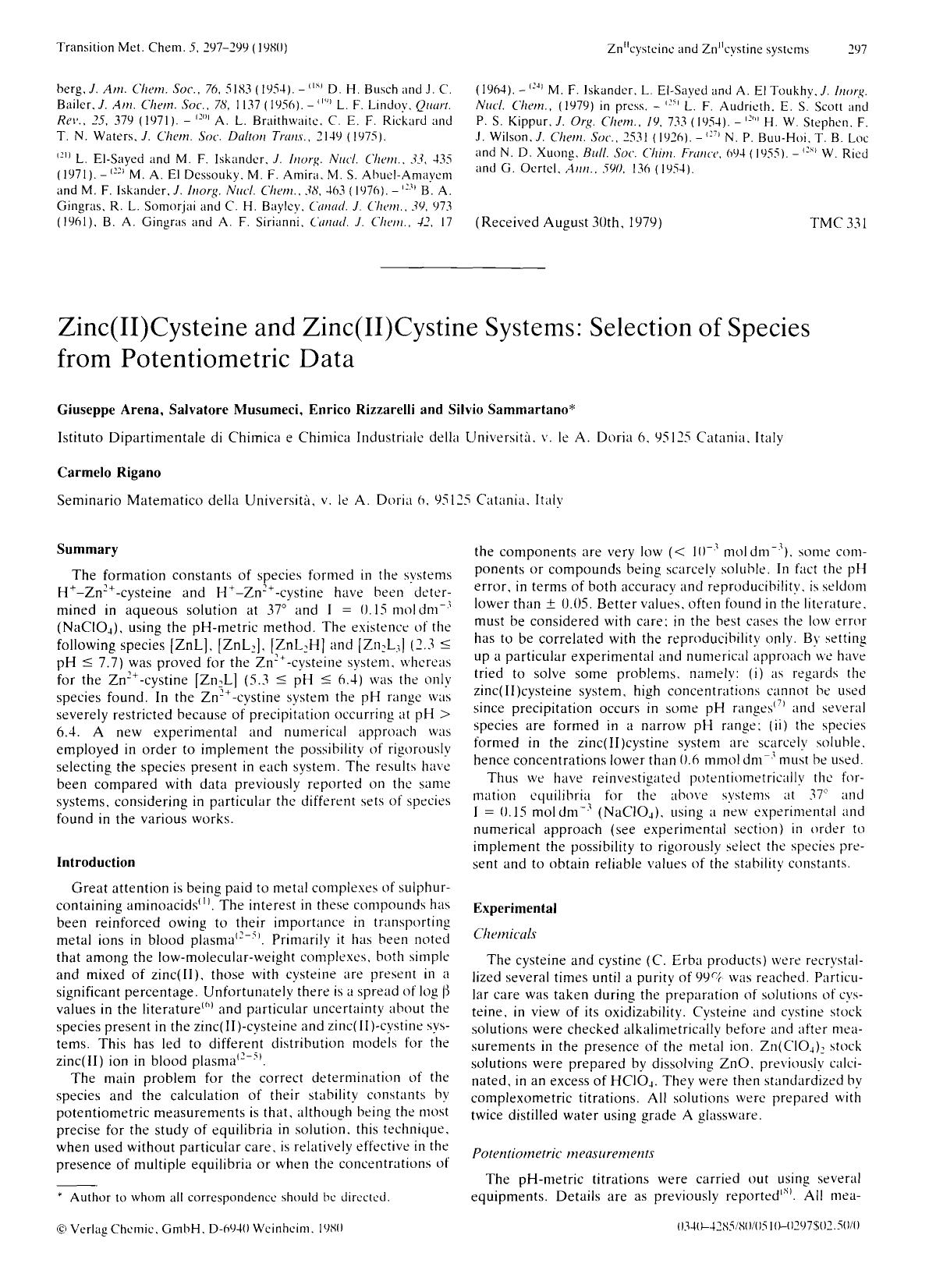 Zinc(II)cysteine and zinc(II)cystine systems: Selection of species from potentiometric data by Unknown