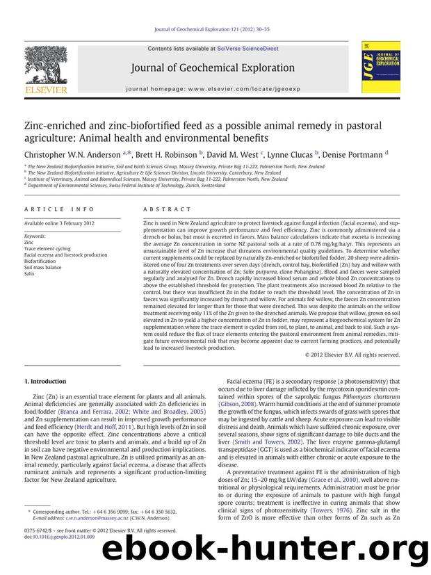 Zinc-enriched and zinc-biofortified feed as a possible animal remedy in pastoral agriculture: Animal health and environmental benefits by Christopher W.N. Anderson & Brett H. Robinson & David M. West & Lynne Clucas & Denise Portmann