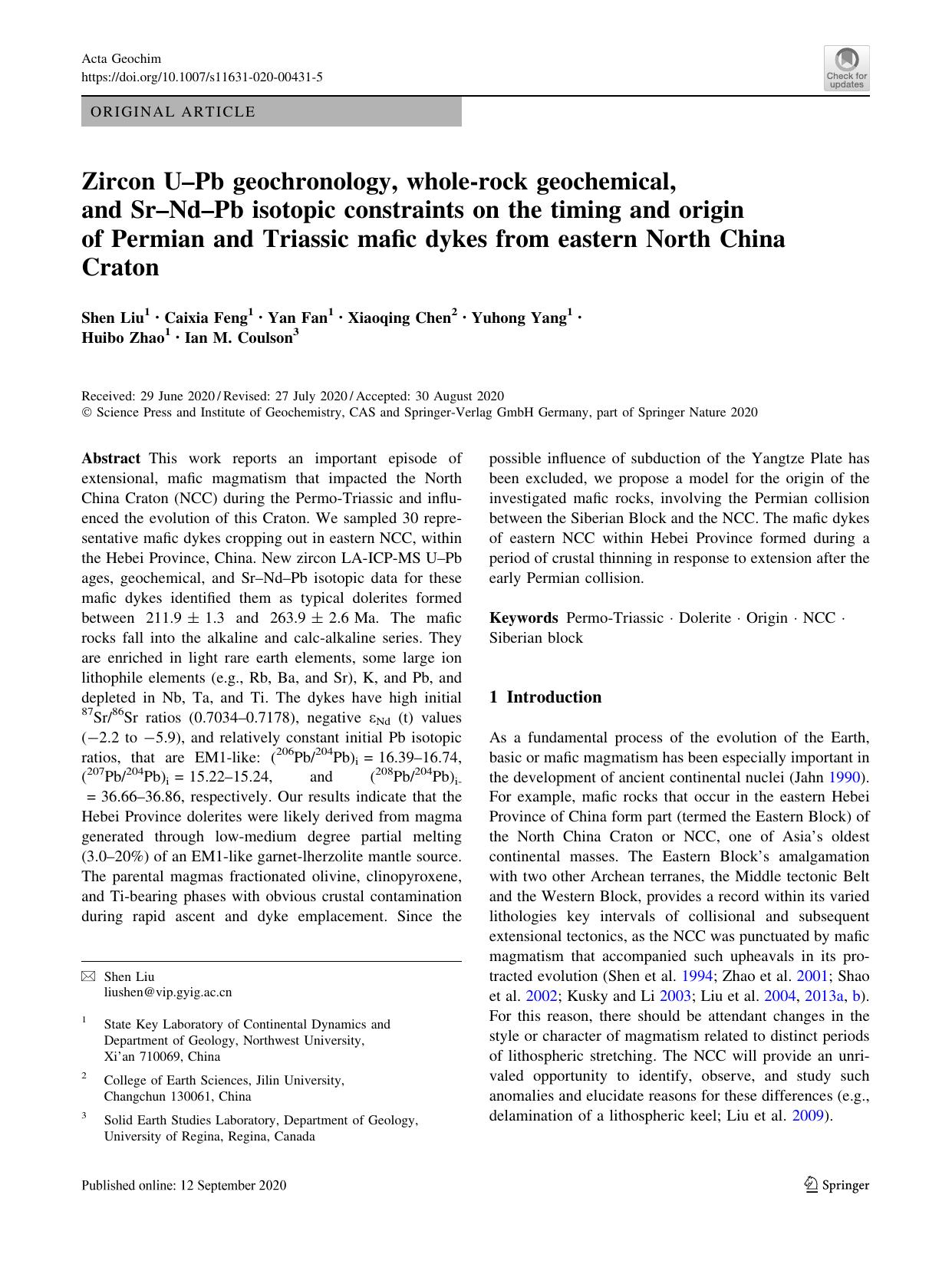 Zircon UâPb geochronology, whole-rock geochemical, and SrâNdâPb isotopic constraints on the timing and origin of Permian and Triassic mafic dykes from eastern North China Craton by Shen Liu & Caixia Feng & Yan Fan & Xiaoqing Chen & Yuhong Yang & Huibo Zhao & Ian M. Coulson