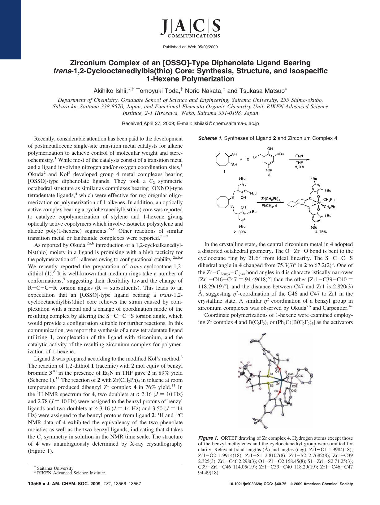 Zirconium Complex of an [OSSO]-Type Diphenolate Ligand Bearing trans-1,2-Cyclooctanediylbis(thio) Core: Synthesis, Structure, and Isospecific 1-Hexene Polymerization by unknow