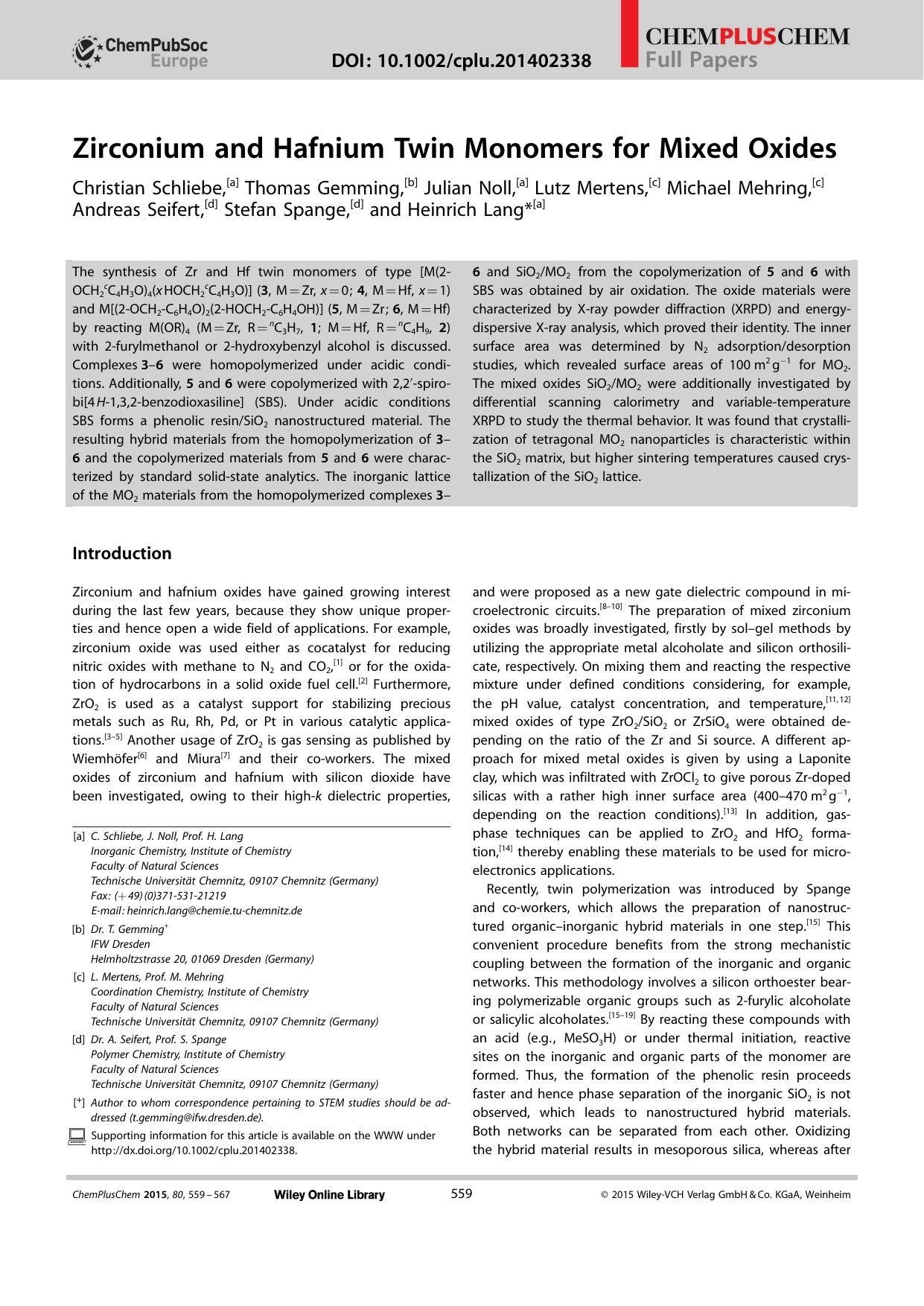 Zirconium and Hafnium Twin Monomers for Mixed Oxides by Unknown