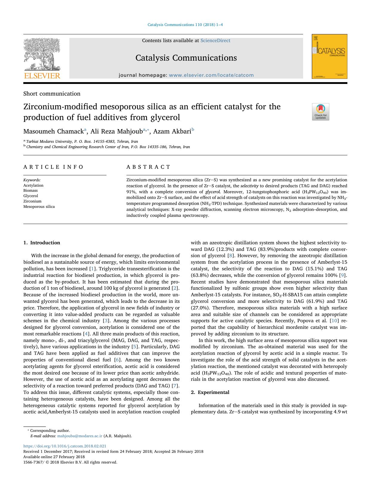 Zirconium-modified mesoporous silica as an efficient catalyst for the production of fuel additives from glycerol by Masoumeh Chamack & Ali Reza Mahjoub & Azam Akbari