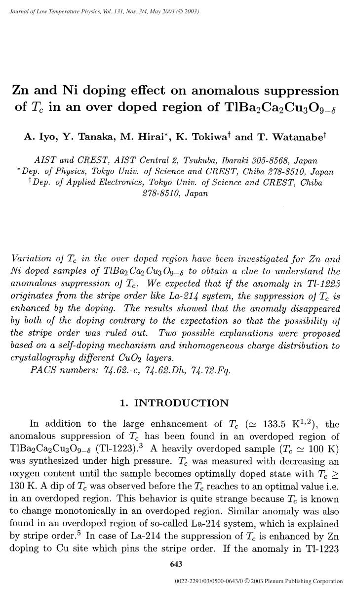 Zn and Ni Doping Effect on Anomalous Suppression of <Emphasis Type="Italic">T<Emphasis> <Subscript>c<Subscript> in an Over Doped Region of TlBa<Subscript>2<Subscript>Ca<Subscript>2 by Unknown