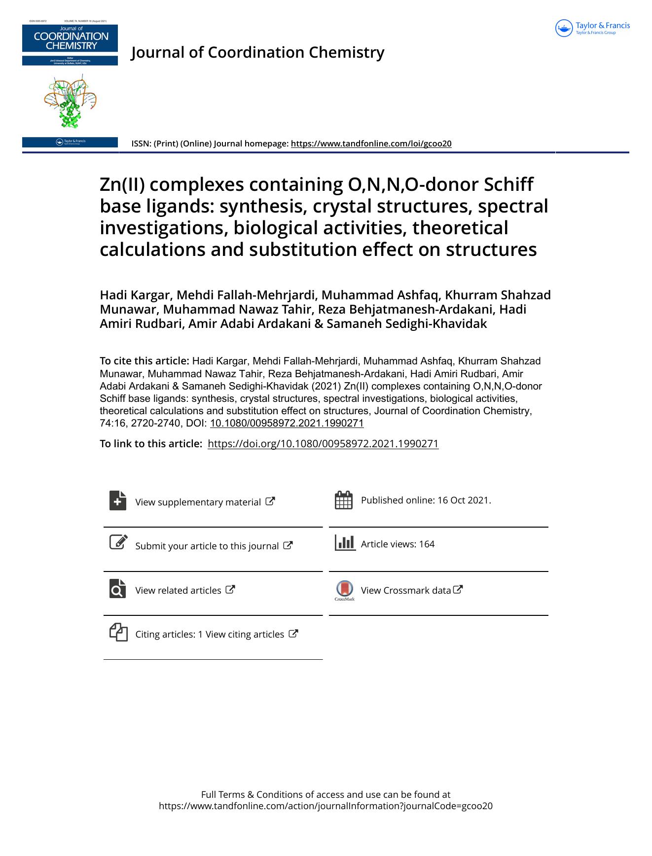 Zn(II) complexes containing O,N,N,O-donor Schiff base ligands: synthesis, crystal structures, spectral investigations, biological activities, theoretical calculations and substitut by unknow