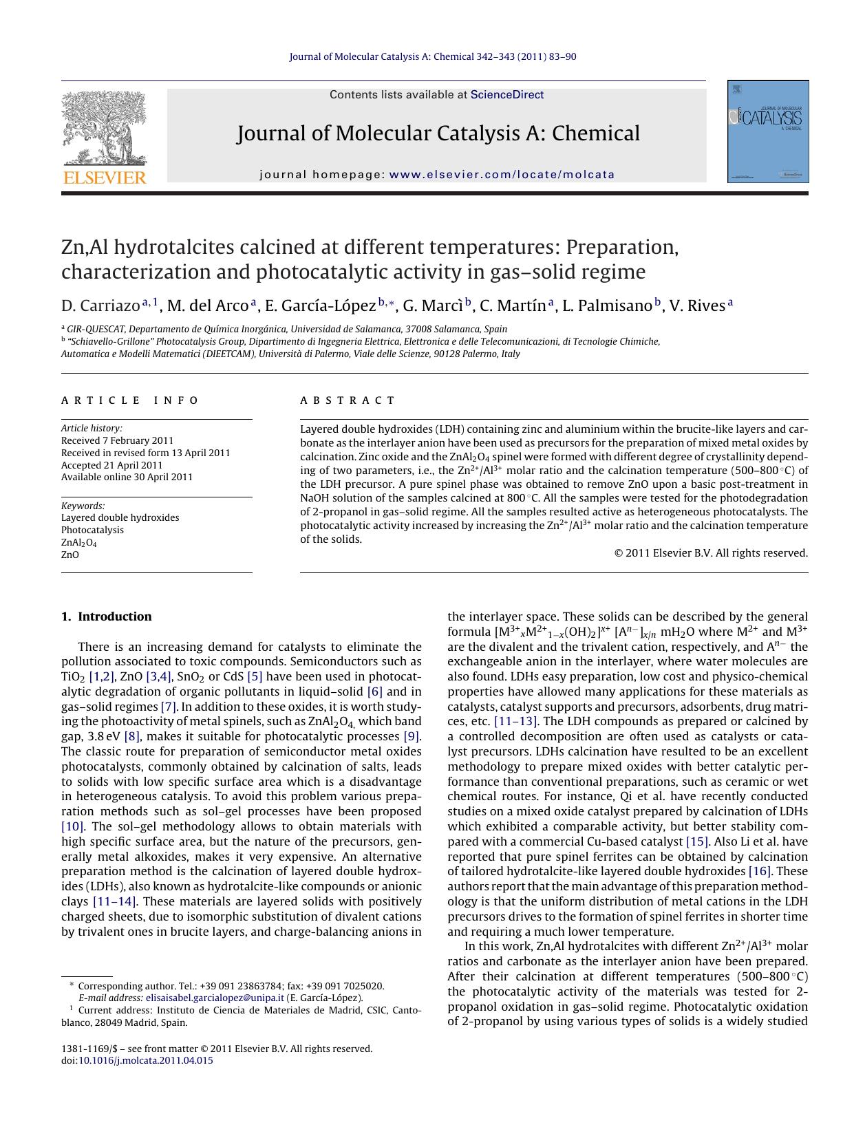 Zn,Al hydrotalcites calcined at different temperatures: Preparation, characterization and photocatalytic activity in gasÃ¢â¬âsolid regime by D. Carriazo