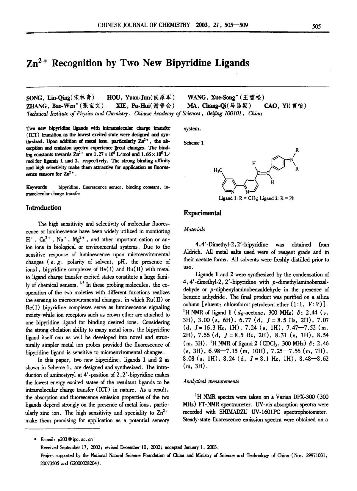 Zn2+ Recognition by Two New Bipyridine Ligands by Unknown