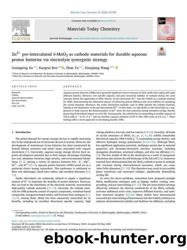 Zn2+ pre-intercalated Î´-MnO2 as cathode materials for durable aqueous proton batteries via electrolyte synergistic strategy by Guangning Xu & Kangrui Ren & Zhan Yu & Xiaoqiang Wang