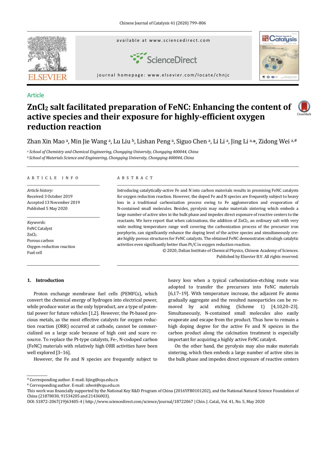 ZnCl2 salt facilitated preparation of FeNC: Enhancing the content of active species and their exposure for highly-efficient oxygen reduction reaction by Zhan Xin Mao & Min Jie Wang & Lu Liu & Lishan Peng & Siguo Chen & Li Li & Jing Li & Zidong Wei