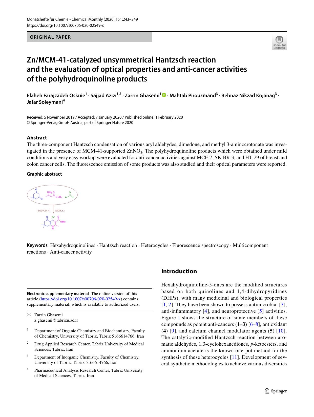 ZnMCM-41-catalyzed unsymmetrical Hantzsch reaction and the evaluation of optical properties and anti-cancer activities of the polyhydroquinoline products by unknow