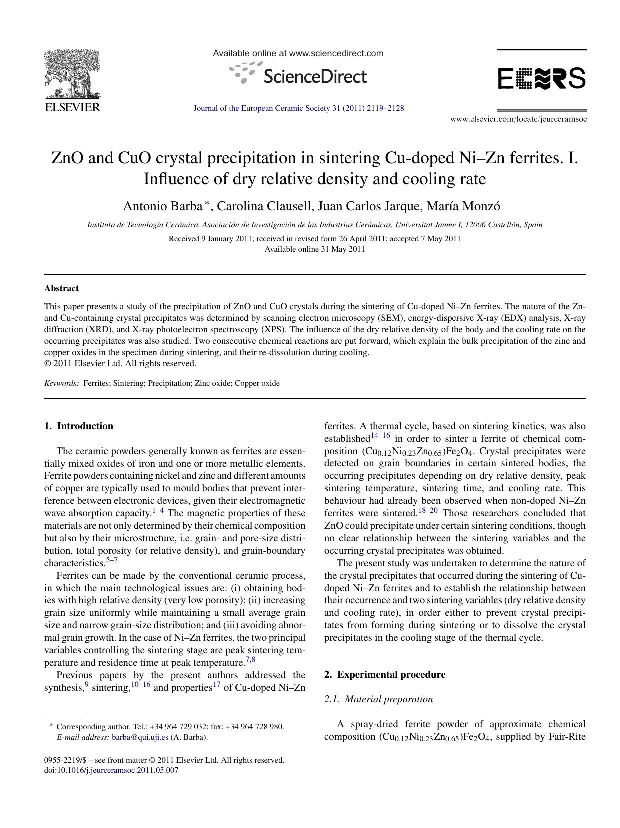 ZnO and CuO crystal precipitation in sintering Cu-doped NiÃ¢â¬âZn ferrites. I. Influence of dry relative density and cooling rate by Antonio Barba