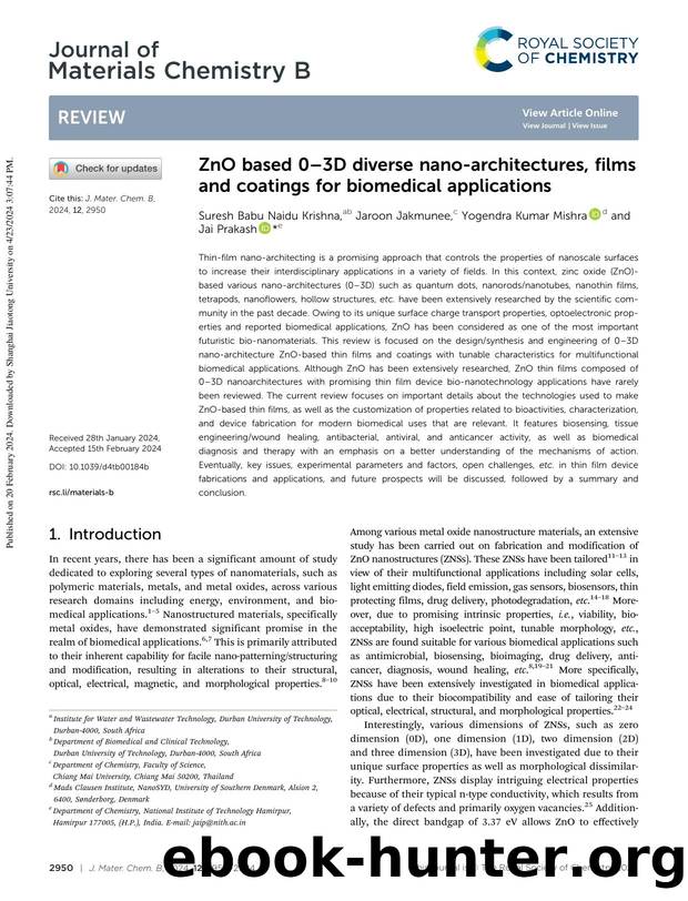 ZnO based 0–3D diverse nano-architectures, films and coatings for biomedical applications by Suresh Babu Naidu Krishna & Jaroon Jakmunee & Yogendra Kumar Mishra & Jai Prakash