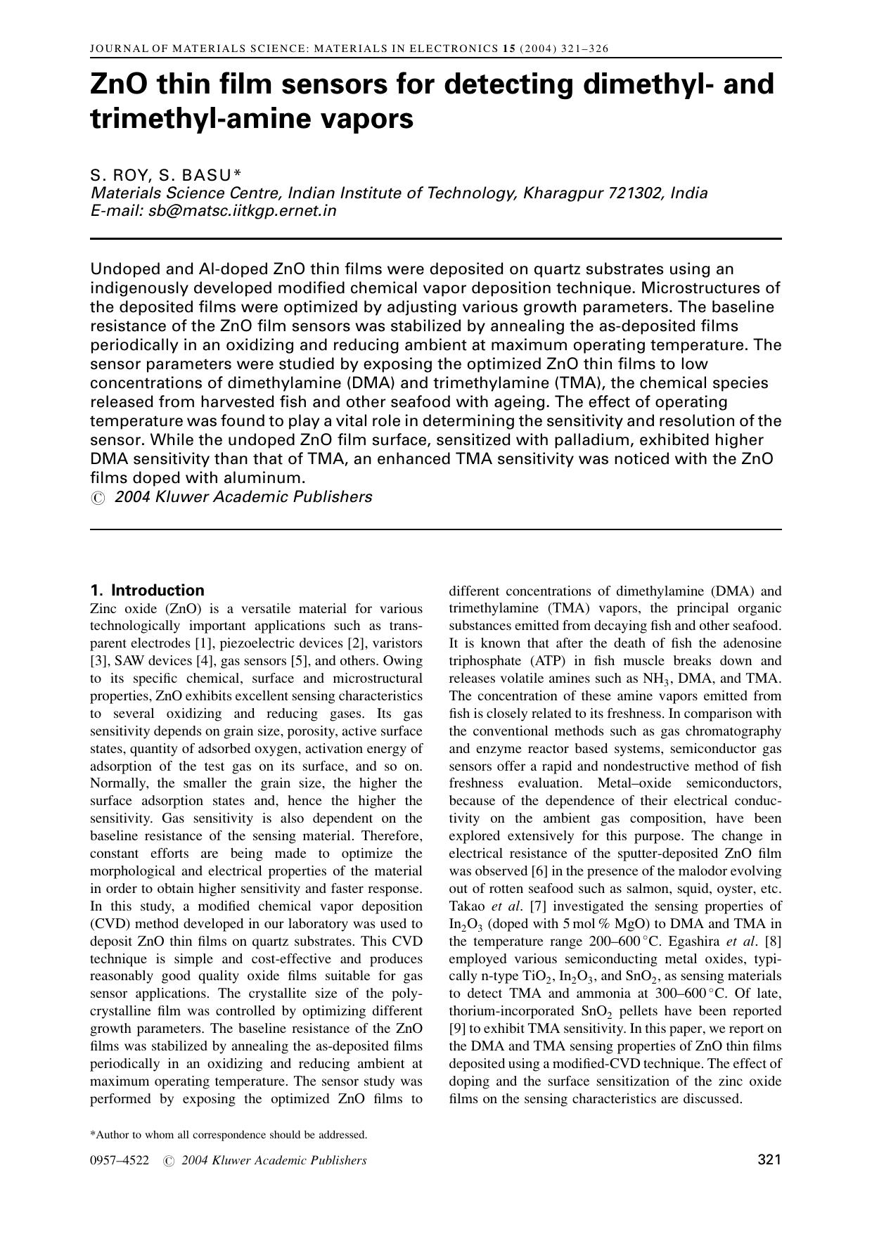 ZnO thin film sensors for detecting dimethyl- and trimethyl-amine vapors by Unknown