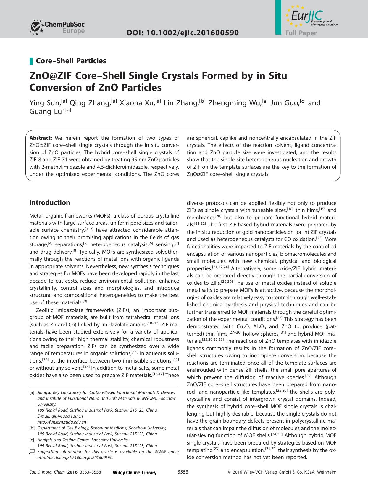 ZnO@ZIF Core–Shell Single Crystals Formed by in Situ Conversion of ZnO Particles by Unknown