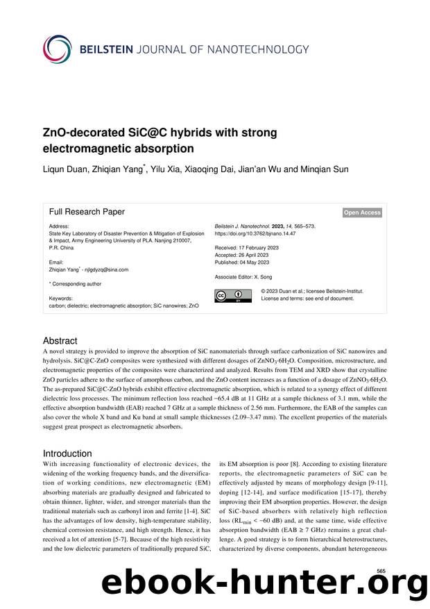 ZnO-decorated SiC@C hybrids with strong electromagnetic absorption by Liqun Duan Zhiqian Yang Yilu Xia Xiaoqing Dai Jian’an Wu Minqian Sun