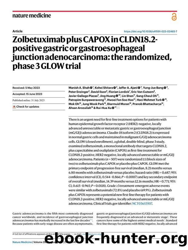 Zolbetuximab plus CAPOX in CLDN18.2-positive gastric or gastroesophageal junction adenocarcinoma: the randomized, phase 3 GLOW trial by unknow