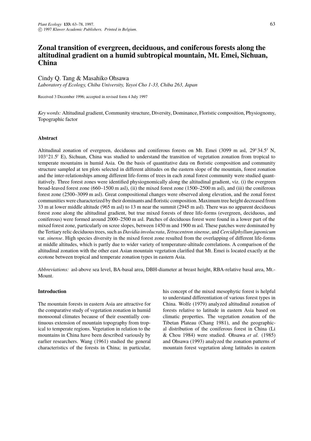Zonal transition of evergreen, deciduous, and coniferous forests along the altitudinal gradient on a humid subtropical mountain, Mt. Emei, Sichuan, China by Unknown