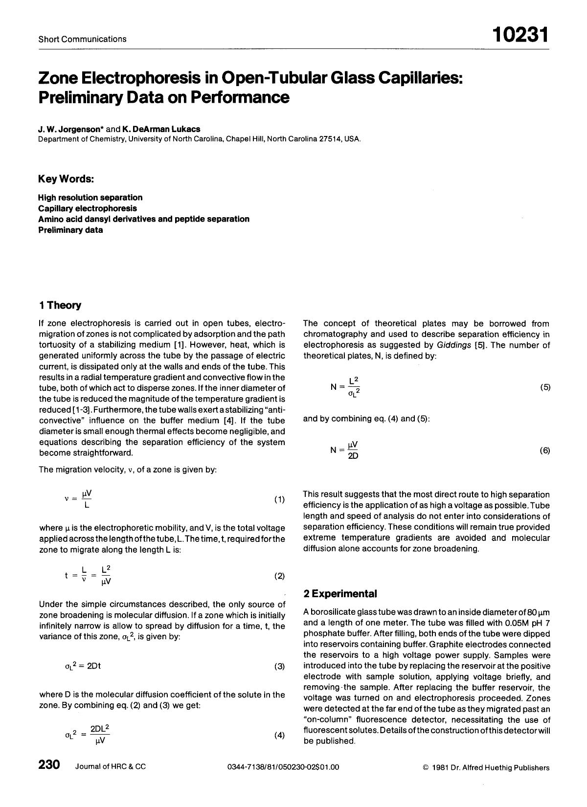 Zone electrophoresis in open-tubular glass capillaries: Preliminary data on performance by Unknown