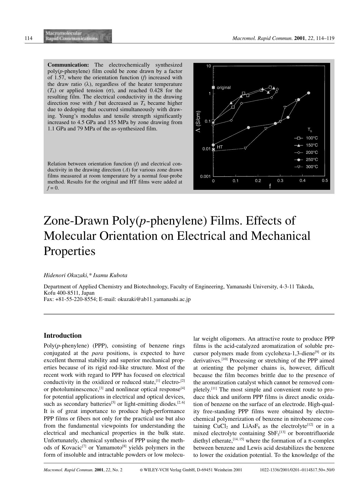 Zone-Drawn Poly(p-phenylene) Films. Effects of Molecular Orientation on Electrical and Mechanical Properties by Unknown