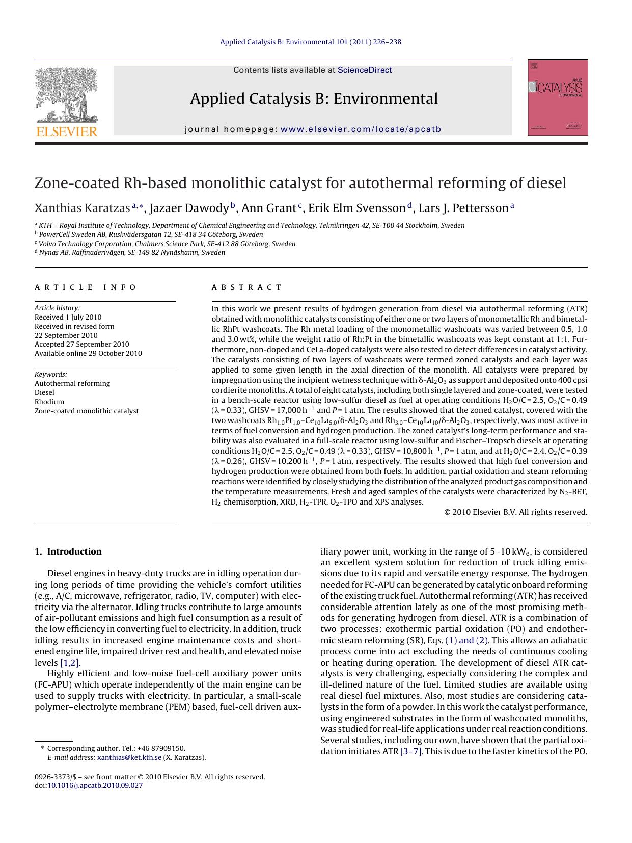 Zone-coated Rh-based monolithic catalyst for autothermal reforming of diesel by Xanthias Karatzas